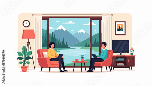 Two individuals work on laptops from a cozy living room with a stunning mountain lake view