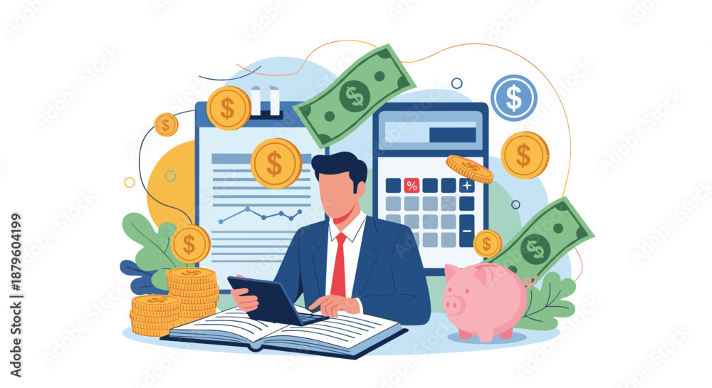 Naklejka premium Businessman managing finances and accounting tasks using a laptop surrounded by money icons and a piggy bank.