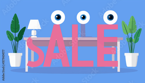 Whimsical scene with large pink letters spelling "SALE" behind a desk with a lamp and two potted plants