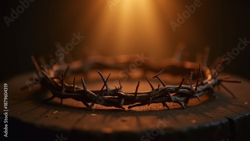 Crown of thorns with dramatic lighting, passion symbol, Good Friday theme, sacrifice representation, thorny wreath, religious suffering, spiritual significance, Easter week, redemption symbol
