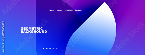 Modern website header design. Blue gradient shapes create dynamic visual impact. Navigation links present work, about, portfolio, contact options.