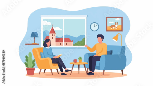 Two people talking in a living room with a window view of a village