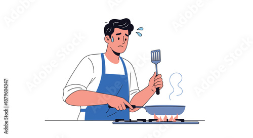 Stressed man in a blue apron looking worried while trying to cook a difficult meal on a kitchen stove at home.