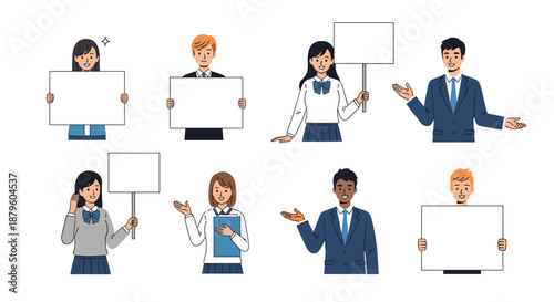 Diverse group of people including students and business professionals holding blank signs and making various presentation gestures.