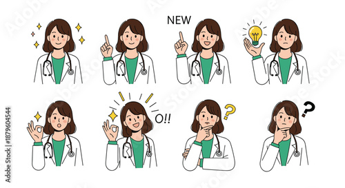 Set of female doctor character illustrations with different facial expressions and gestures for medical communication and healthcare tips.
