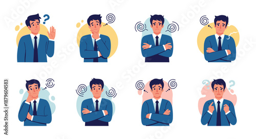 Businessman character set showing various confused, worried, and thoughtful facial expressions for problem solving and business challenges.