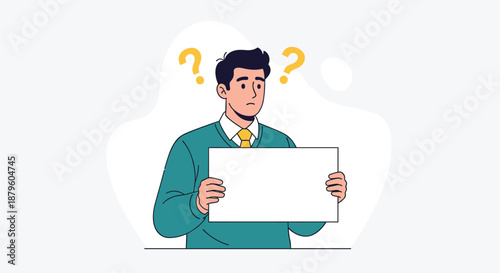 Young man in a green sweater holding a blank white sign and looking confused with multiple question marks around him.