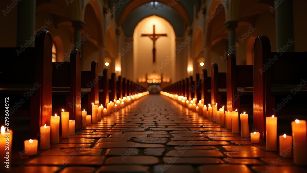 Obraz premium Church pathway lined with candles leading to illuminated entrance, Easter vigil, spiritual procession, sacred lights, religious ceremony, festive tradition, holy night, divine guidance, worship