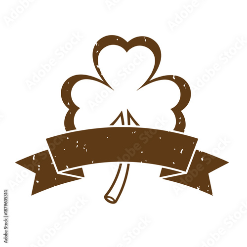 Drawing Vintage grunge  texture Brown clover leaf with heart shaped top and banner  symbol for good luck and love