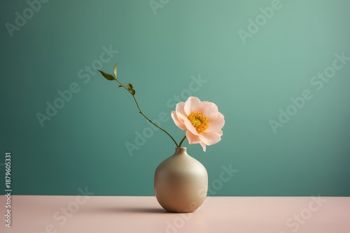 Minimal Still Life Ceramic Vase with Single Flower on White Surface easter still life with flowers