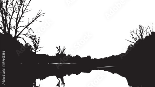 Serene landscape with silhouetted trees and calm water reflection
