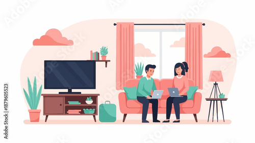 Two people using laptops on a couch in a living room with a TV and plants