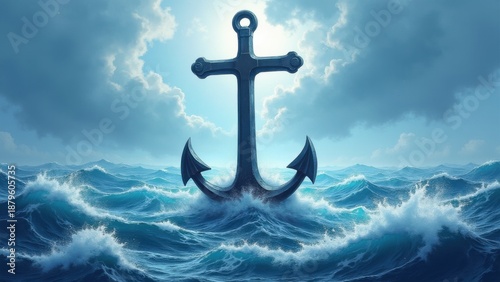 Heavy anchor cross plunging through raging stormy waves, faith steadfastness triumph, dynamic crashing foam