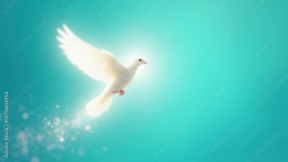 Fototapeta premium Luminous white dove soaring upward with motion blur wings, trailing sparkling light particles against turquoise sky, Holy Spirit faith symbol