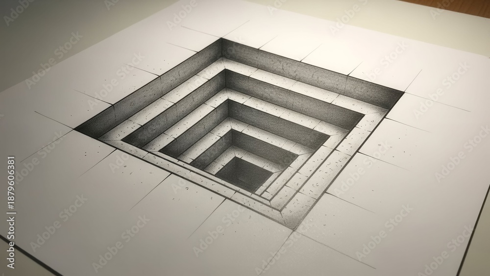 Obraz premium Optical Illusion 3D Drawing of a Deep Square Hole on White Paper