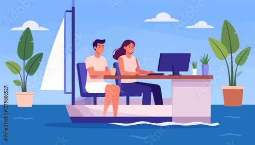 Two people work on a laptop computer on a sailboat in the ocean, with plants on deck