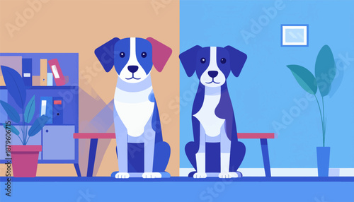 Two dogs sit patiently in a room with plants and shelves