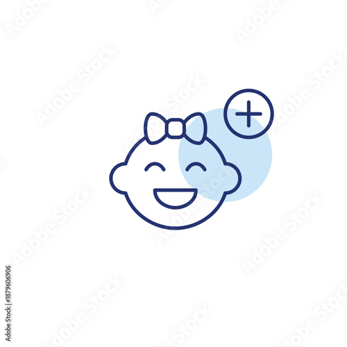 Smiling baby girl and plus. Family update, new childcare. Pixel perfect, editable stroke vector icon