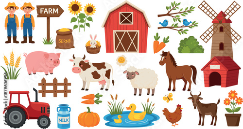 Flat farm vector collection featuring male farmers red tractor barn windmill pond with ducks and domestic countryside animals.