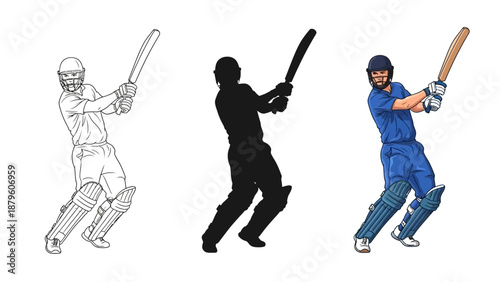 Collection of cricket batsman hitting a powerful shot displaying outline colored illustration and silhouette variations for graphic design projects
