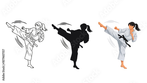 Collection of three diverse female martial arts practitioners executing a powerful high side kick demonstration in various artistic styles including outline silhouette and full color representation
