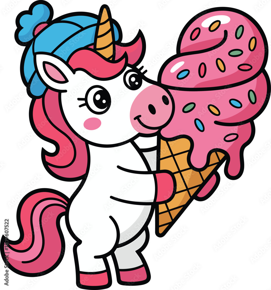 Obraz premium Playful unicorn enjoying ice cream on white background