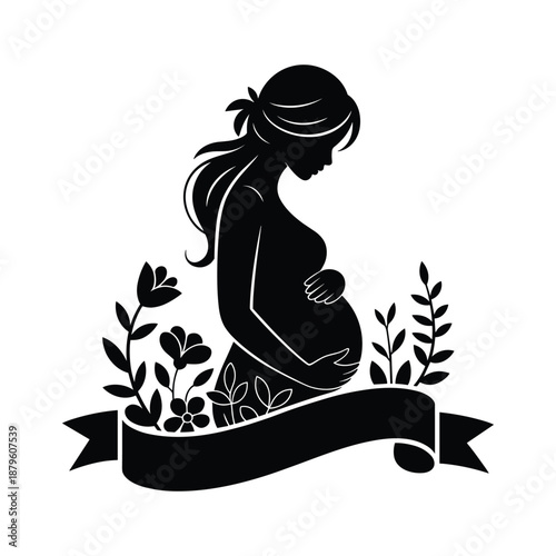 Elegant Silhouette of a Pregnant Woman Embracing Her Belly with Floral Embellishments and a Banner Below Illustration