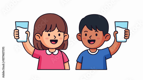 Two cartoon children, a girl and a boy, joyfully hold up glasses of milk