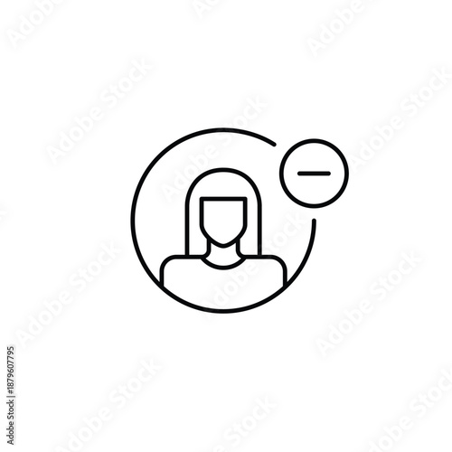 Woman user avatar and minus. Remove or delete profile or account. Pixel perfect, editable stroke vector icon