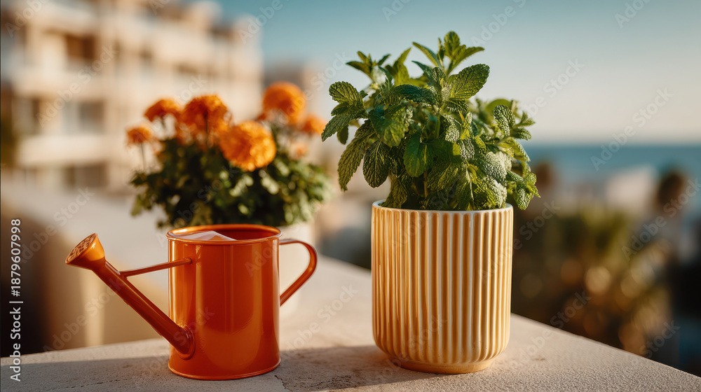 Fototapeta premium Small balcony garden featuring a potted herb plant with a bright orange watering can on a sunny day