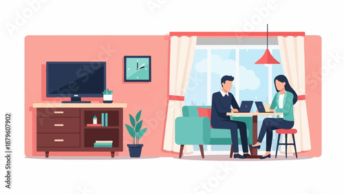 Two people work on laptops at a table by a window, with a TV and clock in the room