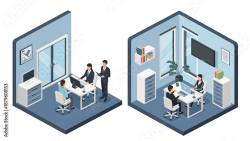Isometric office scene with professionals working at desks and interacting in a modern, technology-enabled workspace viewed from above
