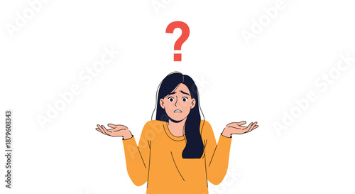 Young woman in an orange shirt shrugging her shoulders and looking confused with a red question mark above her head.