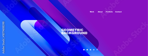 Abstract geometric background. Blue, purple gradients create dynamic shapes. Navigation links present work, about, portfolio, contact details.