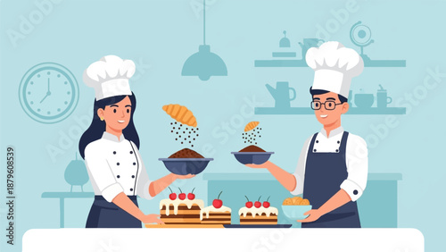 Two chefs in a kitchen prepare cakes and pastries, with ingredients falling onto bowls