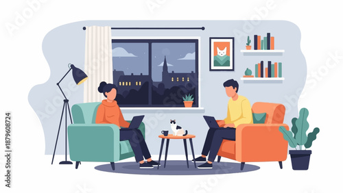 Two people work on laptops in a cozy living room at night with a cat nearby