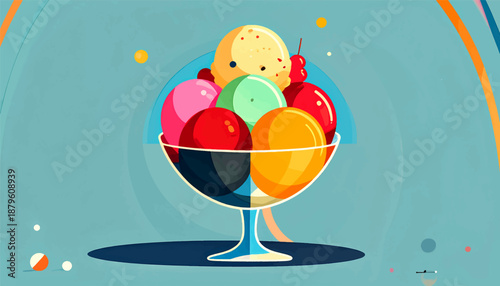Vibrant ice cream sundae in a clear glass bowl on a cool blue background with colorful abstract shapes