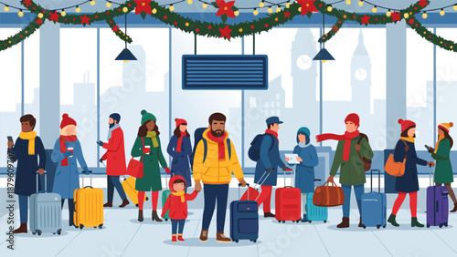 Vector illustration of people traveling during the holidays, with luggage and festive decorations at an airport or train station
