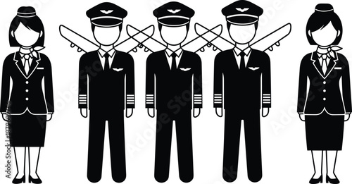 Airline pilot and cabin crew silhouettes set, aviation flight staff uniform icons isolated on white background