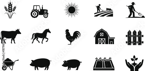 Agriculture farming icons set with farmer animals crops tractor barn tools rural life silhouette collection