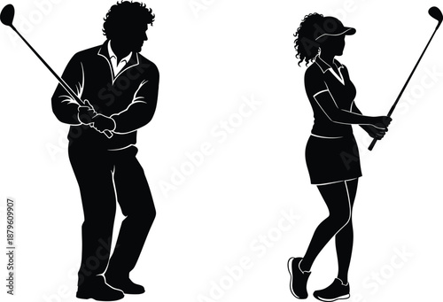 Male and Female Golf Players Silhouette Swinging Clubs, Professional Sport Action Illustration Isolated on White Background