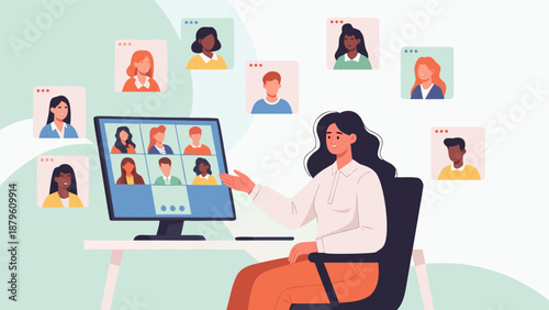 Online meeting vector illustration with diverse people on screen and a woman at her desk
