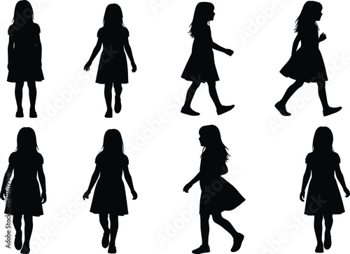 Set of Girl Walking Silhouettes in Different Poses, Child Female Figures, Black Shadow People Collection Isolated