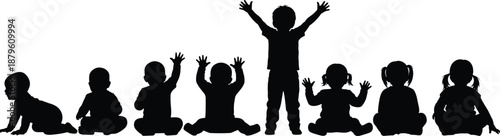 Children growth silhouettes set, baby to toddler development stages, childhood progression illustration isolated black