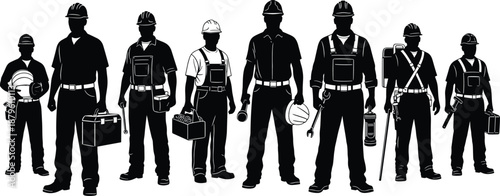 Construction workers silhouettes collection, professional builders with tools and safety helmets isolated on white background