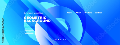 Bright blue abstract background. Geometric shapes overlap, creating dynamic visual effect. Website navigation present. Modern design elements visible.