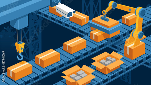 Robotic arm with camera on conveyor belt, warehouse logistics vector illustration