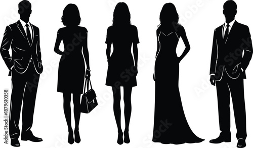 Elegant fashion people silhouettes set, men and women standing poses isolated on white background illustration