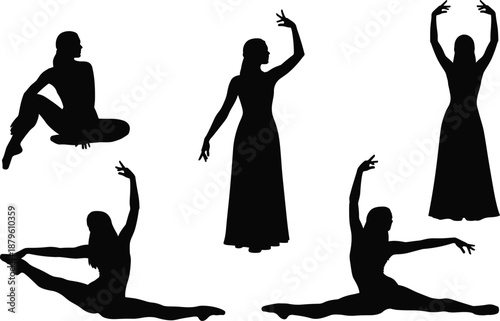Dance silhouette vector set, elegant expressive poses, black ballerina icon, graceful movement design illustration