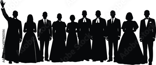 Elegant formal people silhouette group wearing suits dresses standing together isolated black vector illustration